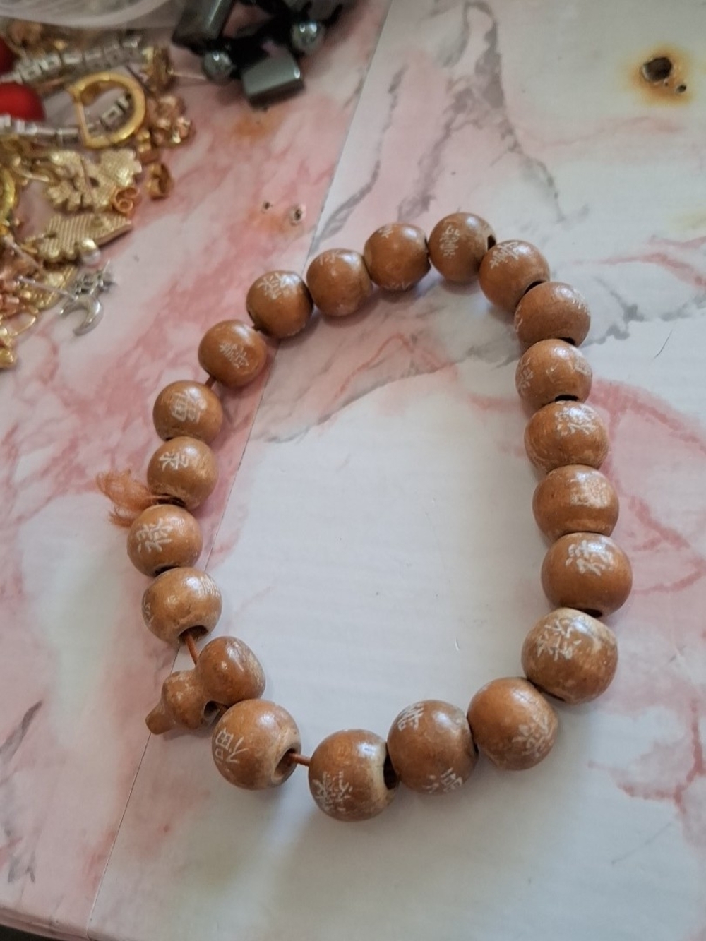 Vintage Handcrafted Brown Wooden Bead Bracelet with White Engraved Accents